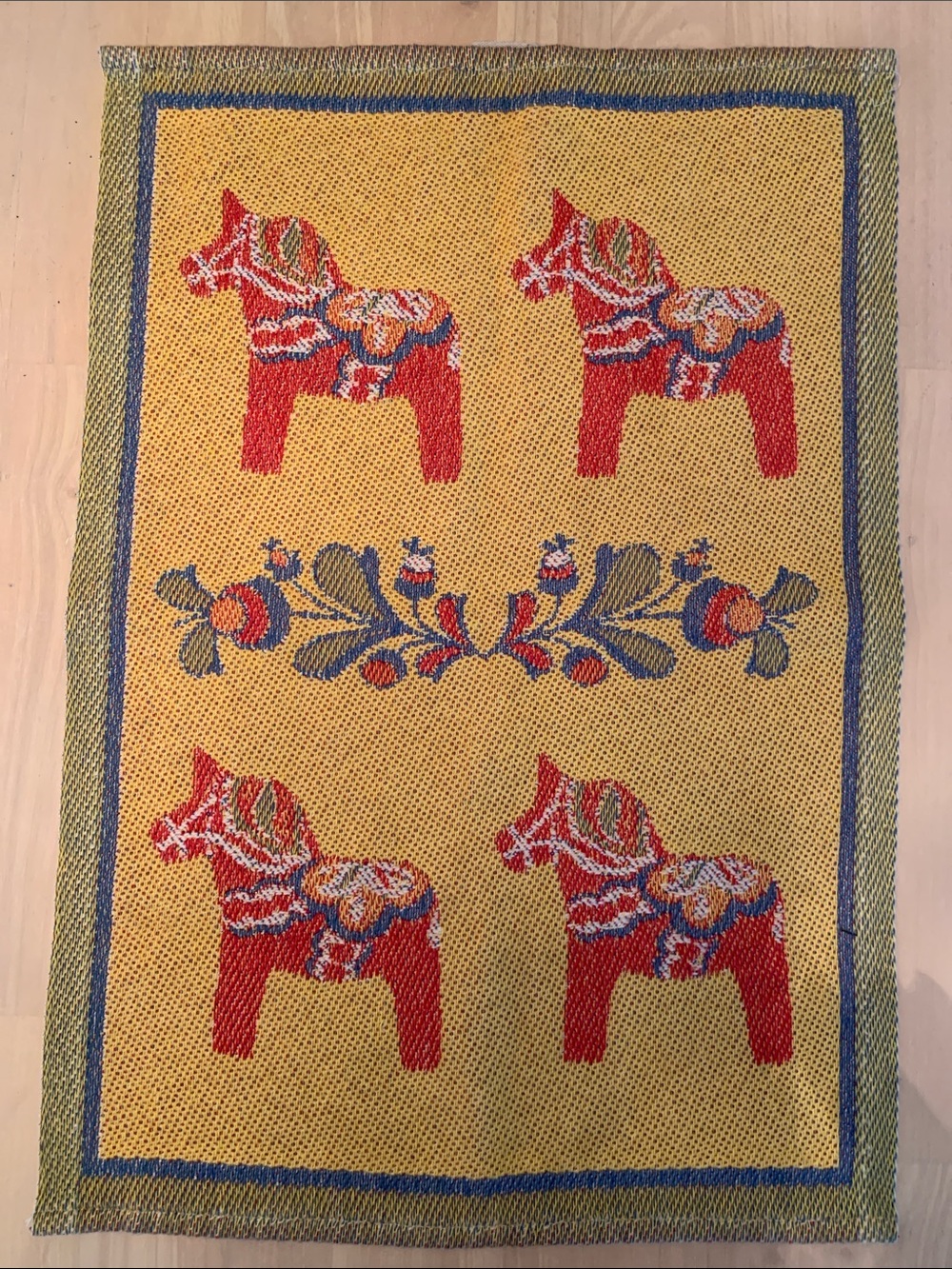 Ekelund  Sweden Tea Towel Yellow Background W/Red & Blue Dala Horse Folk  Art